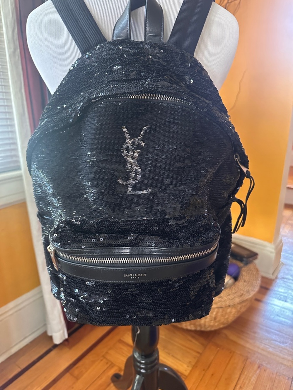 Saint Laurent Black Sequin Backpack with Silver YSL Logo